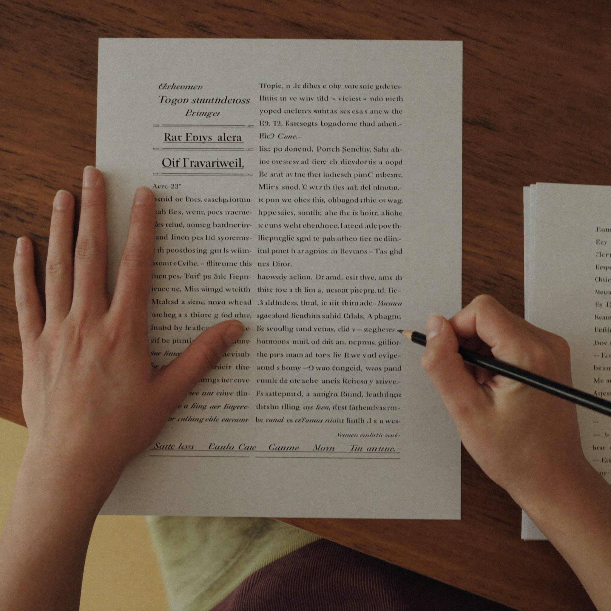 Mains annotant un tirage papier, vérification de sources